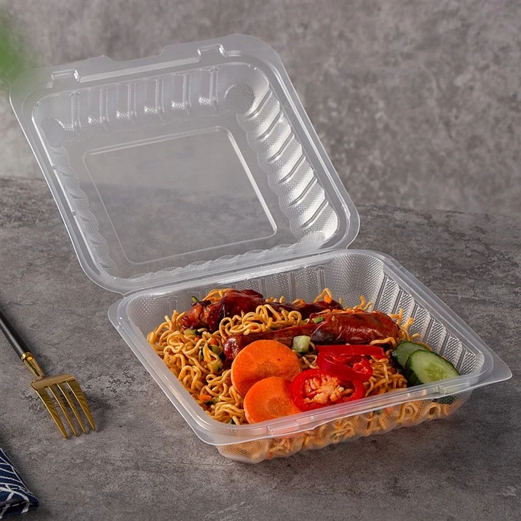 Plastic PP Clear Clamshell Takeaway Boxes 8"x8" 1 Compartment Transparent Hinged Lid To Go Food Takeout Containers